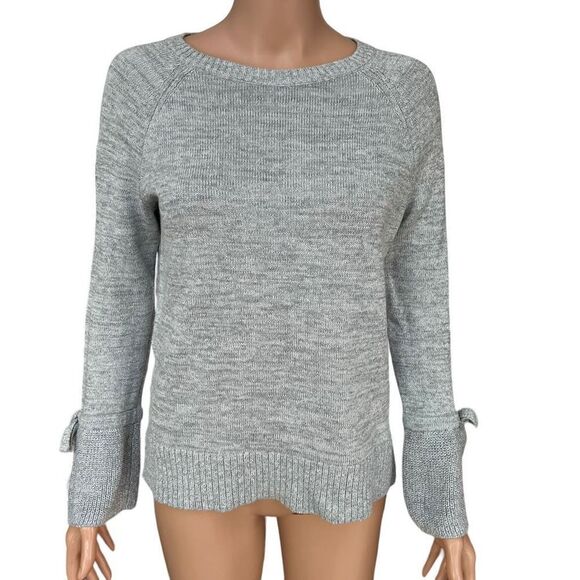 LOFT Sweater Pale Gray Silver Sparkle Bell Sleeve Thin Knit Raglan cotton size S - Picture 1 of 7